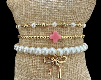 3 Piece Pearl Bow 18K Gold Filled Bracelet Stack