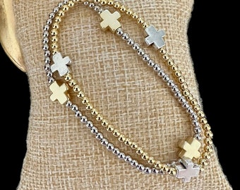 Mixed Metals Gold Filled Beaded Cross Bracelet Stack(2)