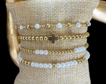 4 Stück Gold Filled Armband-Stapel mit Perlen-Akzenten