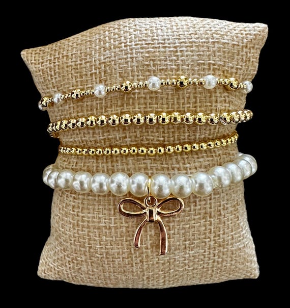 4ピース パール ボウ 18K ゴールドフィルド ブレスレット スタック 