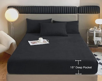 Black Plush Fitted Sheet, 15 Inch Deep Pocket, Soft Microfiber Bedding