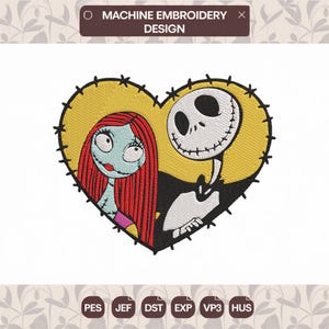 Könnte beinhalten: Maschinenstickdesign mit Sally und Jack Skellington aus The Nightmare Before Christmas. Die Charaktere befinden sich in einem gelben Herz mit schwarzen Nähten. Das Design enthält den Text "MACHINE EMBROIDERY DESIGN".