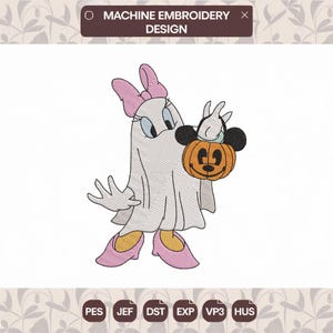 May include: Machine embroidery design featuring a cartoon ghost character with a pink bow, holding a jack-o'-lantern. The design includes the text "MACHINE EMBROIDERY DESIGN" and file type abbreviations.