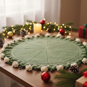 Puede incluir: Un mantel individual redondo de ganchillo verde salvia hecho a mano con un borde festoneado. Adornos blancos en forma de flor están espaciados uniformemente alrededor del borde. El mantel individual se exhibe sobre una mesa de madera, decorada con adornos navideños y piñas.