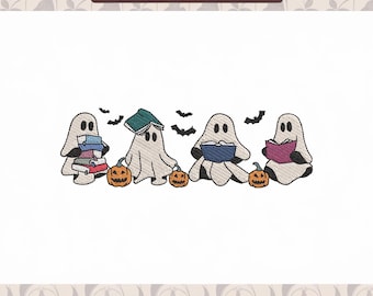 Patrón de bordado de libro de lectura fantasma, diseños de bordado de Halloween de libros, archivos de máquina de descarga instantánea de fantasmas de libros, bordado fantasma