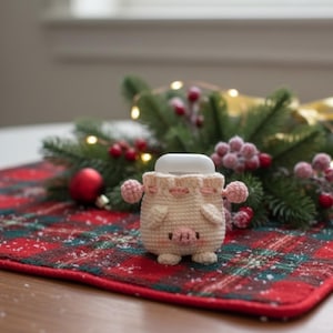Puede incluir: Una funda de ganchillo con forma de cerdo para auriculares inalámbricos. La funda es de color beige con detalles en rosa, incluyendo un hocico, orejas y pequeños brazos. Los auriculares son blancos. La funda está sobre una superficie a cuadros roja y verde con decoraciones navideñas.