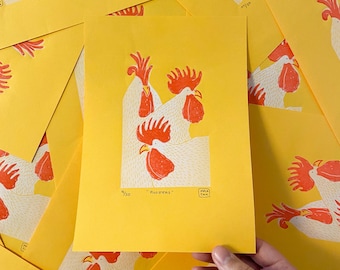 Roosters - 3 happy roosters - handmade linocut - original linocut - A5 size