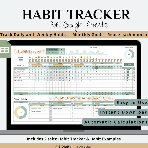 Google Sheets Monthly Habit Tracker Gift for College Student Goal ...
