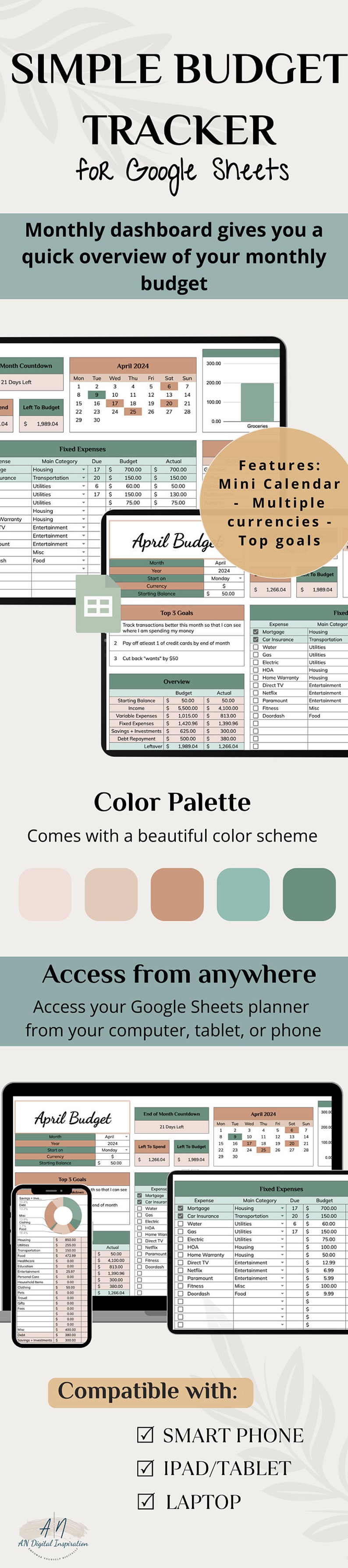 Monthly Budget Spreadsheet Google Sheet Budget Planner Template for ...