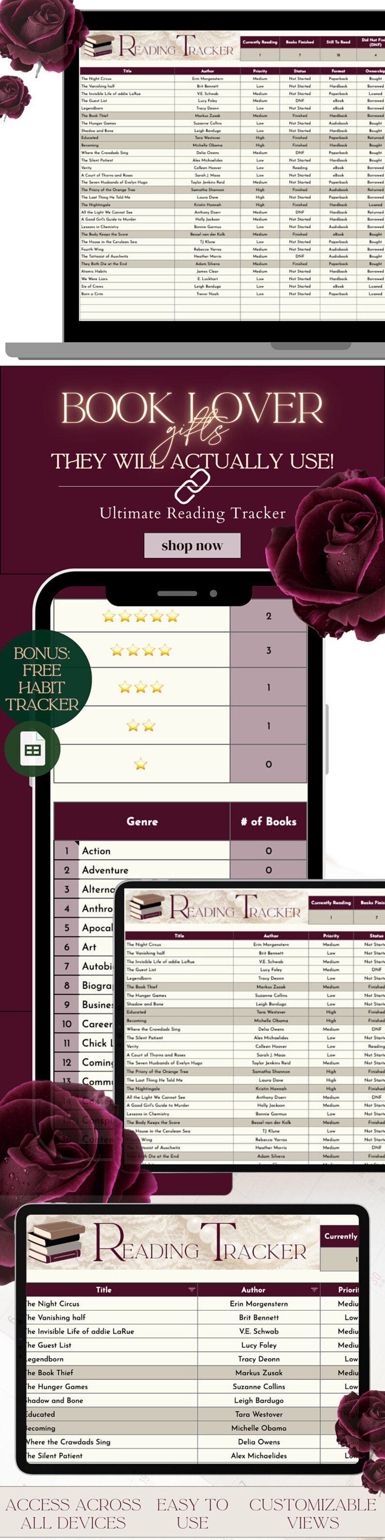 Reading Tracker Books to Read Planner Reading List Google Sheet Simple