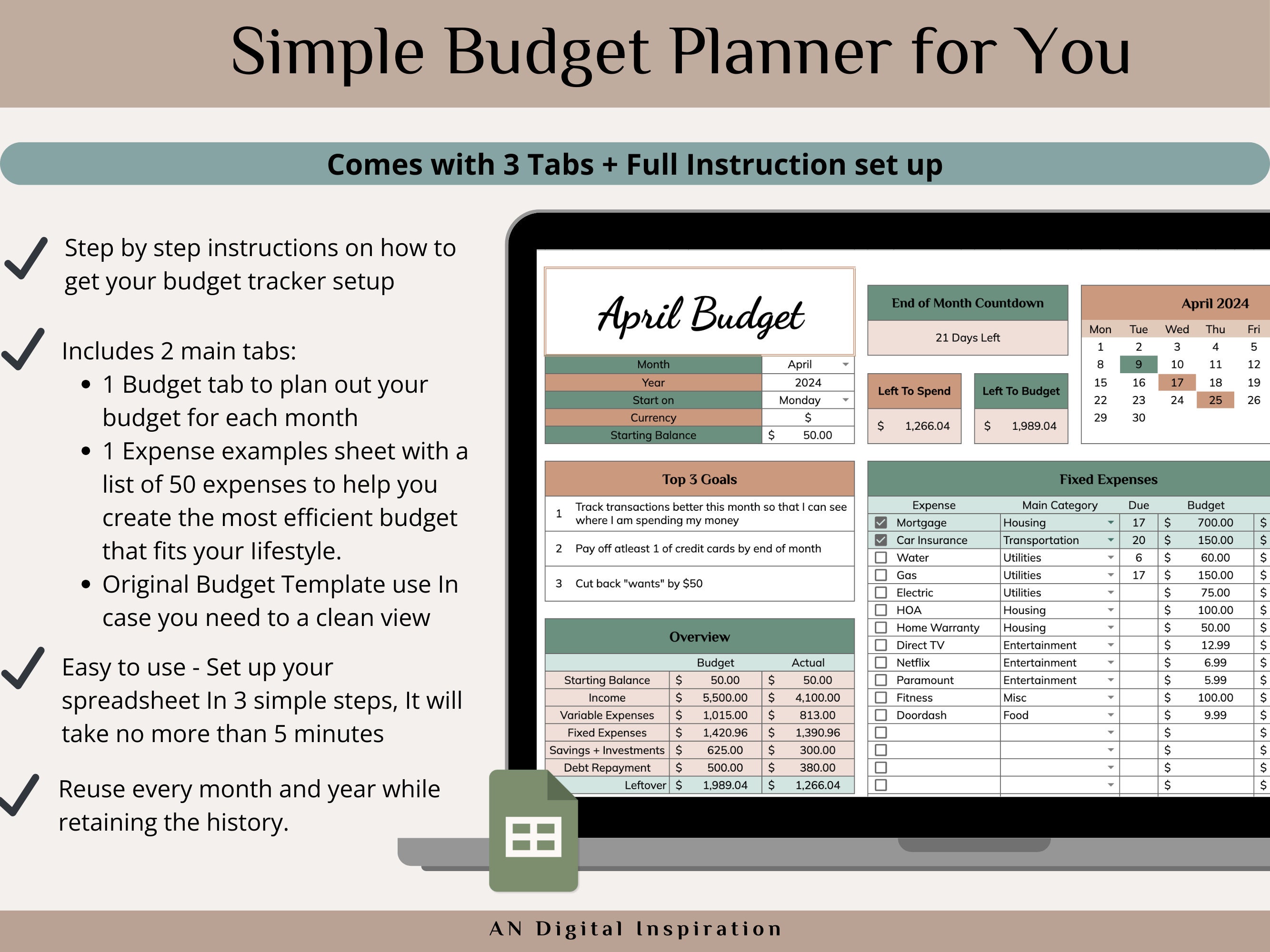 Monthly Budget Spreadsheet Google Sheet Planner Template Daily Weekly ...