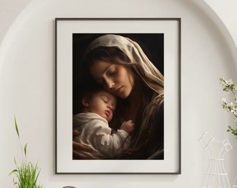 Virgin Mary and Baby Jesus Wall Art, Catholic Printable Art, Madonna and Child Print, Christian Nursery Decor, Religious Digital Download