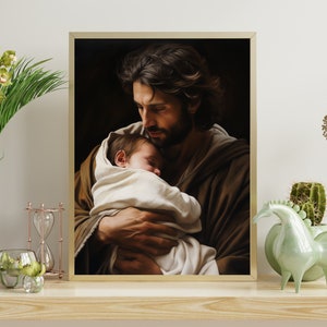 Saint Joseph and Baby Jesus Digital Art Download - Catholic Digital Art - Father and Child - Christmas Jesus and Joseph - Catholic Christmas