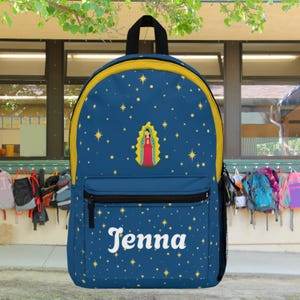Sac à dos personnalisé Notre-Dame de Guadalupe pour enfants, cartable catholique avec nom, cadeau de rentrée pour filles ou garçons, cartable catholique
