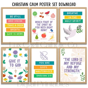 May include: Six framed posters with Christian messages and illustrations. The posters include phrases such as "Be Still and Know" and "Give it to God", alongside images of a dove, fruits, and flowers. The text "Christian Calm Poster Set Download" is displayed at the top.
