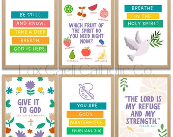 May include: A set of six framed Christian-themed posters with inspirational quotes and graphics. The posters feature phrases like "Be Still and Know" and "Give it to God," along with images of a dove, fruits, and flowers. The text "Christian Calm Poster Set Download" is at the top.