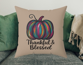 Fall Pumpkin Pillow, Watercolor Throw Pillow Cover, Thankful & Blessed Autumn Decor, Thanksgiving Gift