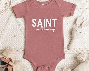 Saint in Training Bodysuit: Catholic Baby Outfit with Matching Family Option