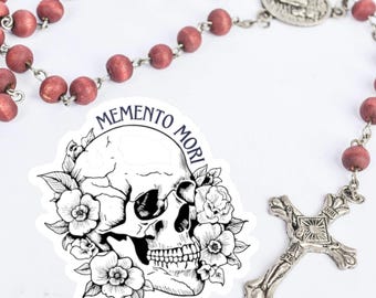 Sticker Memento Mori: vinylsticker katholieke schedel en bloemen, Remember Your Death