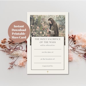 Carte d'intention de messe catholique imprimable, carte de messe Sainte-Thérèse de Lisieux, carte de sympathie catholique à télécharger, carte de prière catholique, carte de messe