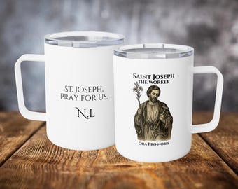 Aangepaste geïsoleerde koffiemok St. Joseph de werker, katholiek cadeau voor mannen, geloofsmok voor papa, gepersonaliseerde heilige mok 10 oz, cadeau voor hem