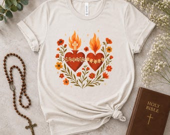 Sacred Heart of Jesus and Immaculate Heart of Mary Shirt, Catholic Floral Tee, Christian Religious Shirt, Sacred Hearts Shirt, Catholic Gift