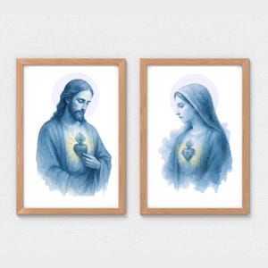 Sacred Heart of Jesus and Immaculate Heart of Mary Watercolor Digital Download, Sacred Heart Devotion Wall Art, Catholic Home Decor
