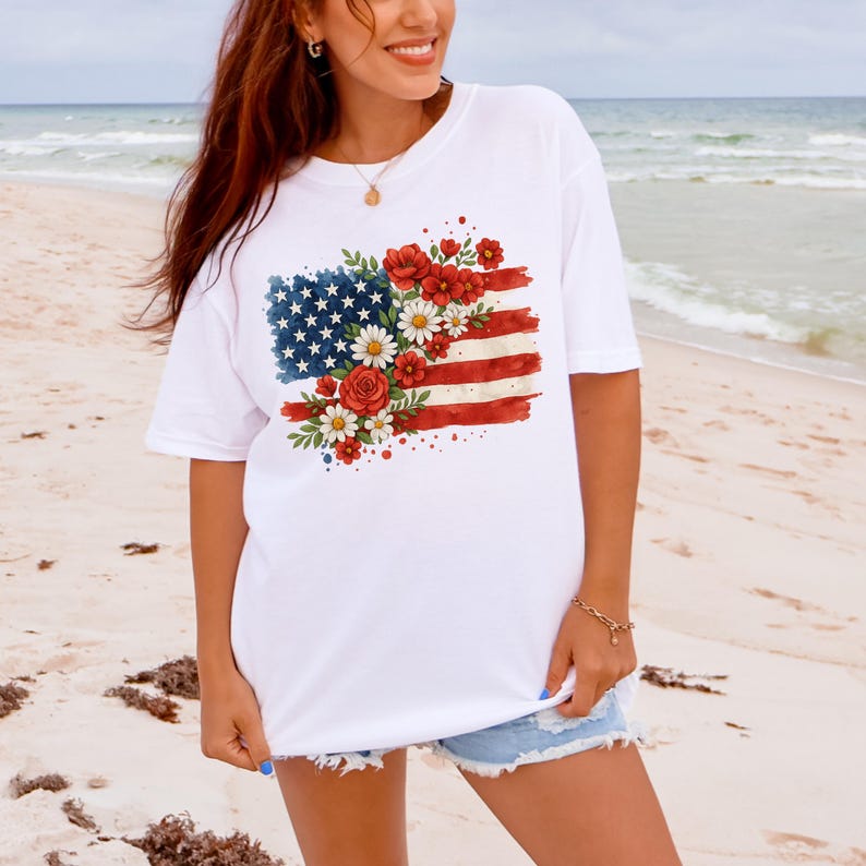 Floral USA Comfort Colors® T-Shirt, Patriotic American Flag Tee, Vintage USA Shirt White