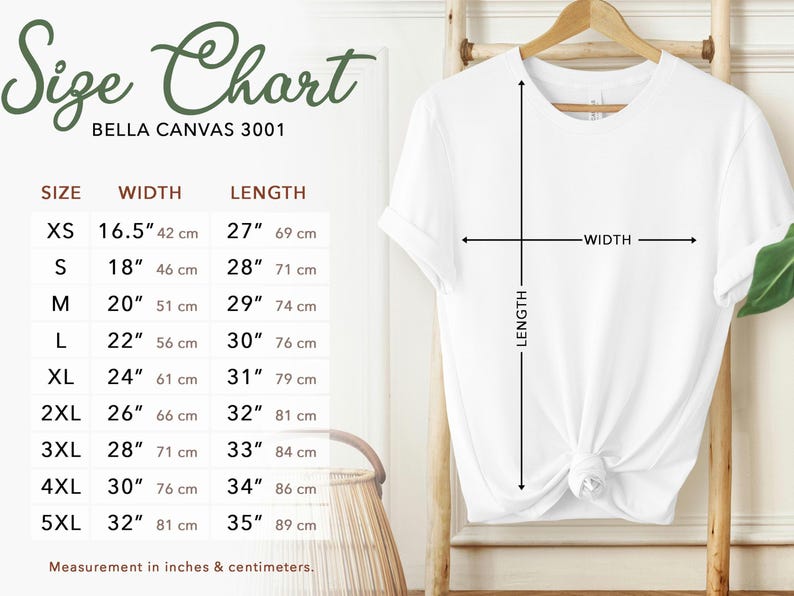 May include: Size chart for Bella Canvas 3001 t-shirts, showing measurements in inches and centimeters for sizes XS to 5XL. The chart includes width and length measurements.
