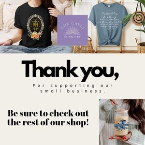 Puede incluir: Gracias por apoyar nuestro peque&ntilde;o negocio. &iexcl;Aseg&uacute;rate de revisar el resto de nuestra tienda! La imagen muestra tres camisetas diferentes con dise&ntilde;os religiosos y el texto "LUX CAELI CATHOLIC CO."