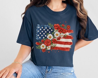 Bloemen USA Comfort Colors®-T-shirt, T-shirt met patriottische Amerikaanse vlag, vintage shirt VS