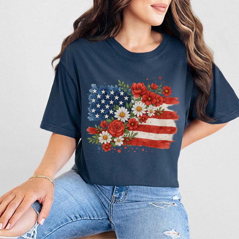 Floral USA Comfort Colors® T-Shirt, Patriotic American Flag Tee, Vintage USA Shirt Midnight