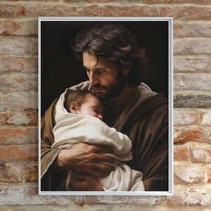 Print Sint-Jozef en baby Jezus, katholieke muurkunst, katholieke woondecoratie, Saint Joseph print, katholieke vadersdagcadeau, katholieke vader cadeau