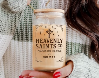 Heavenly Saints Glass Tumbler: Catholic Gift with Bamboo Lid & Straw