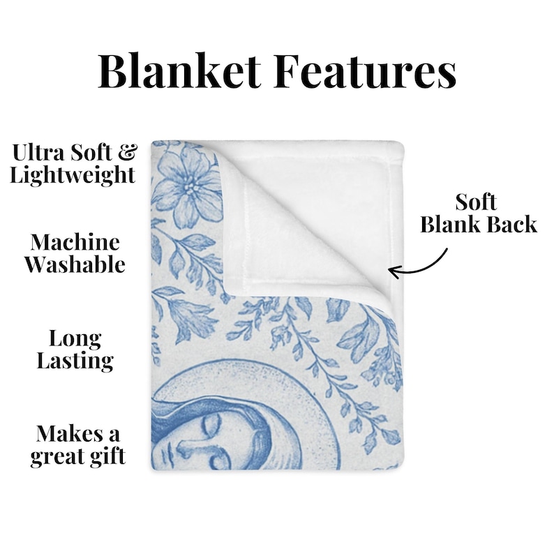 May include: A soft, blue and white fleece blanket with a floral pattern and a drawing of a woman's face. The reverse of the blanket is white. The blanket is machine washable and long lasting. It makes a great gift.