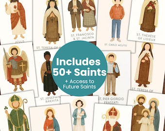 May include: A collection of illustrated saint cards. The cards feature various saints, including Jesus, St. Patrick, and St. Teresa. A blue circle in the center reads "Includes 50+ Saints + Access to Future Saints."
