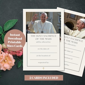 Conjunto de cartões de missa do Papa Francisco, cartões de simpatia ou oração católicos imprimíveis 4x6, cartão de intenção de missa do Papa Francisco, impressão de cartão de funeral católico