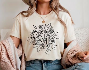 Marian Floral T-Shirt, Miraculous Medal Devotion Tee, Catholic Women Shirt