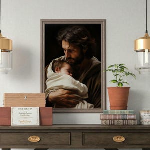 Saint Joseph and Baby Jesus Digital Art Download, Catholic Father&#39;s Day Gift, St. Joseph Print, Saint Joseph Wall Art, Catholic dad Gifts