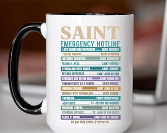 Saint Emergency Hotline Mug: Catholic Coffee Cup, All Saints Day, Christmas Gift