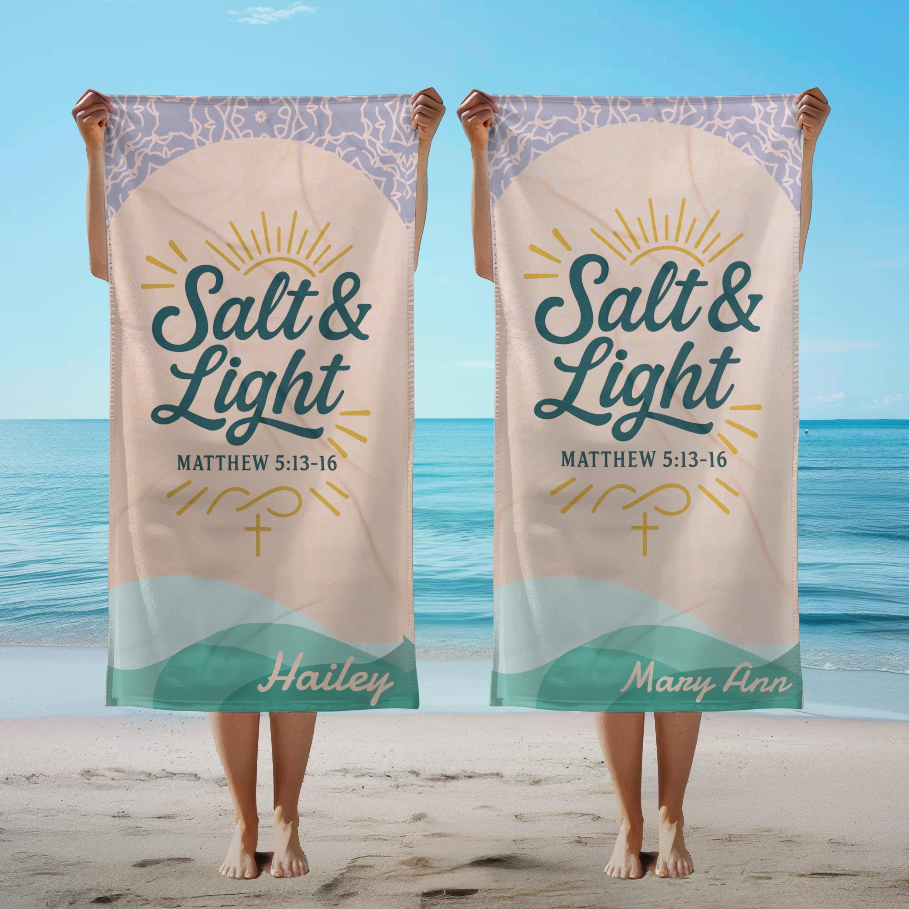 Personalized Salt & Light Beach Towel, Christian Towel for Girls Trip, Christian Bridesmaid Gift, Summer Vacation, Faith-Based Custom Gift