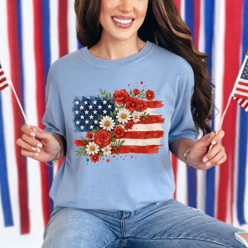 Floral USA Comfort Colors® T-Shirt, Patriotic American Flag Tee, Vintage USA Shirt Washed Denim