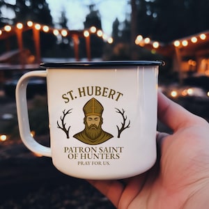 St. Hubert Patron Saint of Hunters Mug, Personalized Catholic Gift, Hunting Camp Mug, Outdoor Coffee Cup, Gift for Dad or Grandpa