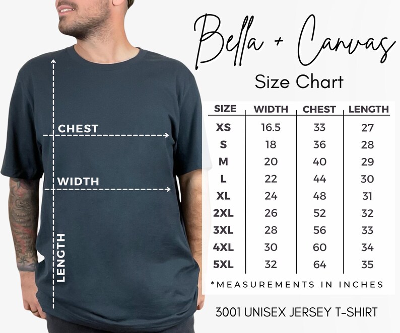 Puede incluir: Una camiseta unisex de jersey azul oscuro con una tabla de tallas. La tabla enumera las medidas en pulgadas para el ancho, el pecho y el largo, que van desde la XS hasta la 5XL. El texto "Bella + Canvas" est&aacute; en la parte superior.
