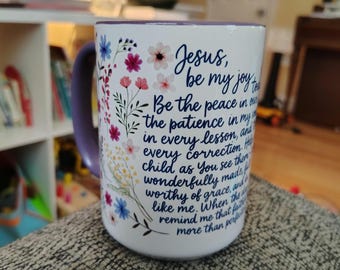 Taza de café cristiana, taza con la oración "Jesús, sé mi alegría", regalo para mamás que educan en casa, taza con motivos florales y fe, regalo religioso para el Día de la Madre.