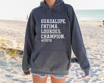 Felpa con cappuccio Nostra Signora Guadalupe Fatima Lourdes, felpa mariana cattolica, abbigliamento religioso per donna