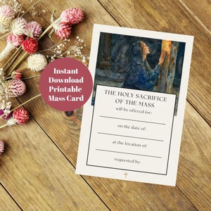 Carte d'intention de messe catholique imprimable, carte Notre-Dame des Douleurs au pied de la croix, carte de sympathie catholique à télécharger, funérailles catholiques