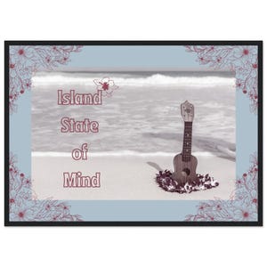 Póster de playa con ukelele "Island State of Mind" / Arte mural enmarcado / Decoración de inspiración hawaiana