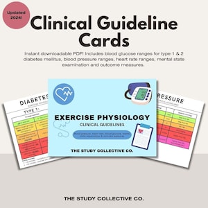 May include: A set of three printable clinical guideline cards for diabetes, exercise physiology, and blood pressure. The cards feature a blue background with a heart icon and text that reads "Clinical Guidelines".