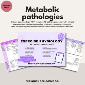Può includere: Un download digitale viola e bianco per una guida di fisiologia dell'esercizio. La guida include 15 patologie metaboliche, ciascuna con presentazione clinica, farmaci e/o trattamento, misure di esito, prescrizione di esercizio, controindicazioni e considerazioni di sicurezza. Il testo "EXERCISE PHYSIOLOGY" e "METABOLIC PATHOLOGIES" è visualizzato in bianco grassetto su sfondo viola. Il testo "THE STUDY COLLECTIVE CO." è visualizzato in bianco su sfondo viola.